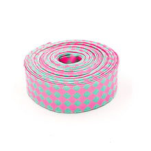 Load image into Gallery viewer, 1 1/4" Bias Quilt Binding Tula Pink Untamed Checks Please Cosmic Single Fold Quilt Binding NEON Pink and Mint Green
