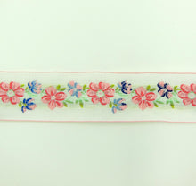 Load image into Gallery viewer, Floral Jacquard Ribbon Trim, Bora Bora Pink & Blue, 1.5''