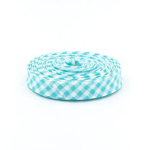 Load image into Gallery viewer, Double Fold 1/2'' Bias Tape 1/8'' Gingham Aqua Bias Binding
