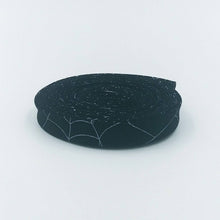 Load image into Gallery viewer, Double Fold Bias Tape 1/2'' Spider Webs Black Gunmetal Metallic Halloween Bias Binding