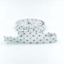 Load image into Gallery viewer, Double Fold 1/2'' Bias Tape Eclectic Elements Tiny Stars Linen-color Bias Binding Text Print Fabric Tim Holtz
