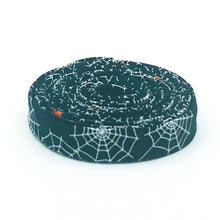 Load image into Gallery viewer, Double Fold Bias Tape 1/2'' Beggar's Night Spiderwebs Glow In The Dark Black Halloween Bias Binding