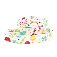 Load image into Gallery viewer, Double Fold Bias Tape 1/2'' Candies and Dots White Christmas