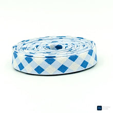 Load image into Gallery viewer, Double Fold Bias Tape Gingham Check Medium Blue White 1/2'' Bias Binding