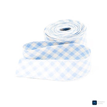 Load image into Gallery viewer, Quilt Binding Gingham Checked Light Blue Creamy White Single Fold 1 1/4" Quilt