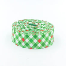 Load image into Gallery viewer, Quilt Binding Jingle Bells Plaid Gingham Green Red 1 1/4&quot; Wide Single Fold
