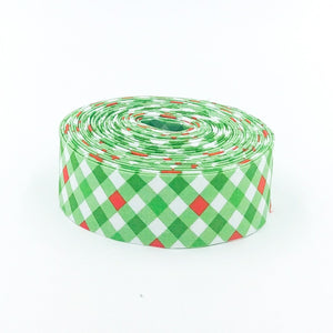 Quilt Binding Jingle Bells Plaid Gingham Green Red 1 1/4" Wide Single Fold