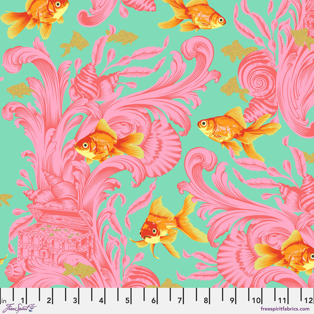 Tula Pink Besties Treading Water Goldfish Blossom Pink Fabric Half Yards