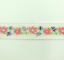 Load image into Gallery viewer, Floral Jacquard Ribbon Trim, Bora Bora Pink &amp; Blue, 1.5''
