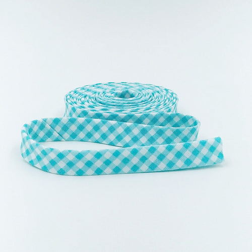 Double Fold 1/2'' Bias Tape 1/8'' Gingham Aqua Bias Binding
