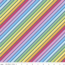 Load image into Gallery viewer, Rainbowfruit Calories Don&#39;t Count Rainbow Diagonal Stripe Blue Fabric Half Yard
