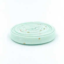 Load image into Gallery viewer, Double Fold Bias Tape 1/2'' Spin &amp; Twirl Stars Mist Mint Green Sparkle Gold Bias Binding
