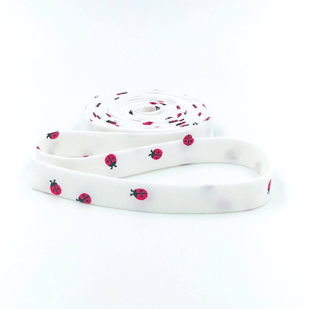 Double Fold Bias Tape 1/2'' Red Hot Ladybug White Bias Binding