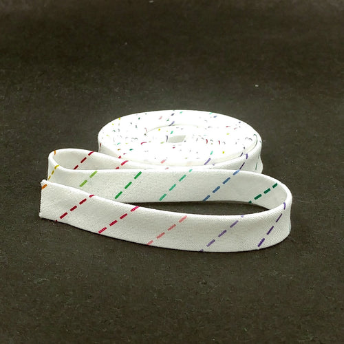 Double Fold Bias Tape 1/2'' Imagine Dashing Rainbow White Bias Binding