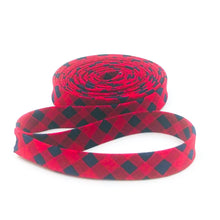 Load image into Gallery viewer, Double Fold Bias Tape Gingham Red &amp; Navy Blue Buffalo Check Bias Binding
