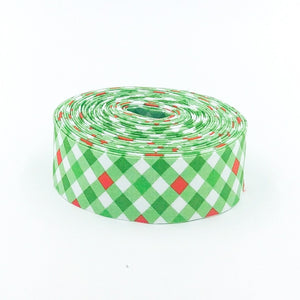 Quilt Binding Jingle Bells Plaid Gingham Green Red 1 1/4&quot; Wide Single Fold