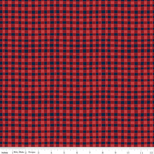 Love You S'more Gingham Red/Navy Blue Fabric Half Yards