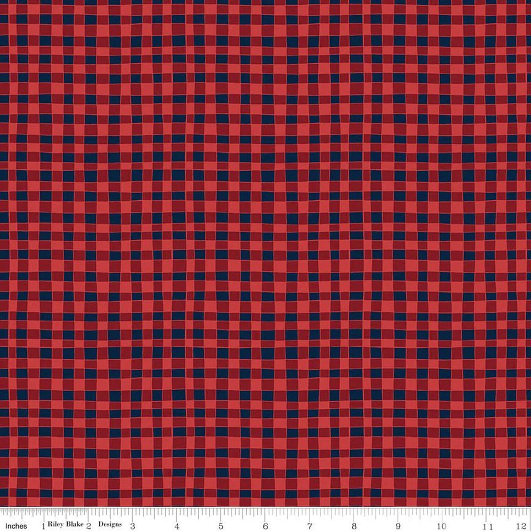 Love You S'more Gingham Red/Navy Blue Fabric Half Yards