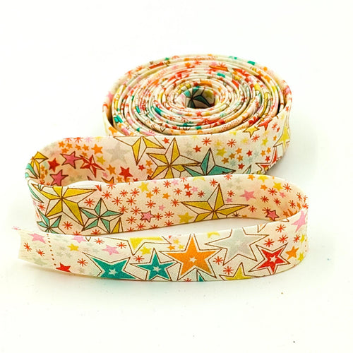 Double Fold Bias Tape 1/2'' Wide Liberty of London Tana Lawn Adelajda Stars Coral/Cream 3 Yards Bias Binding