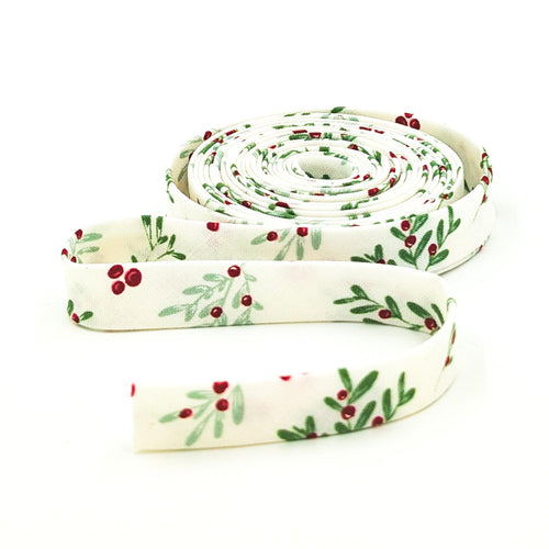 Double Fold Bias Tape 1/2'' Mistletoe & Holly Cream Christmas Bias Tape