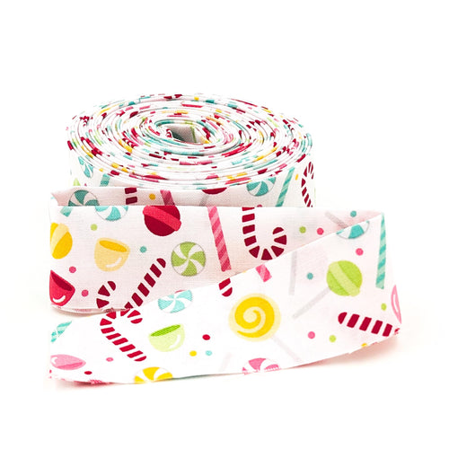 Quilt Binding Gingerbread Kisses Candies and Dots White 1 1/4