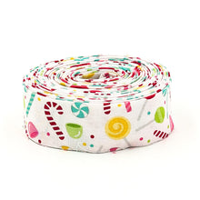 Load image into Gallery viewer, Quilt Binding Gingerbread Kisses Candies and Dots White 1 1/4&quot; Wide Single Fold
