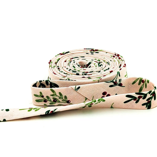 Double Fold Bias Tape 1/2'' Mistletoe & Holly Ballet Pink Christmas Bias Tape