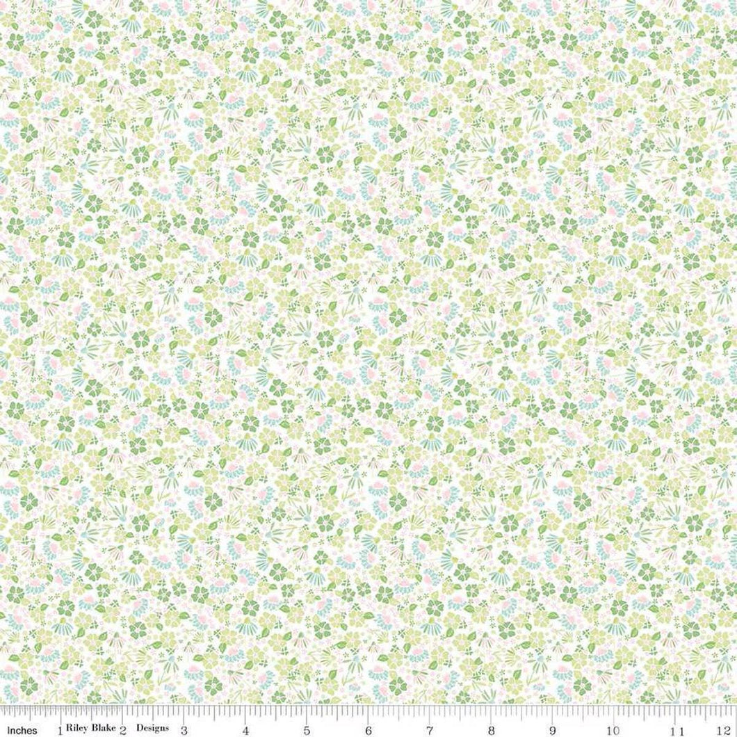 Summer Skies and Fireflies Garden Floral Green / White Half Yard Fabric By The Yard Riley Blake Designs Gracey Larson