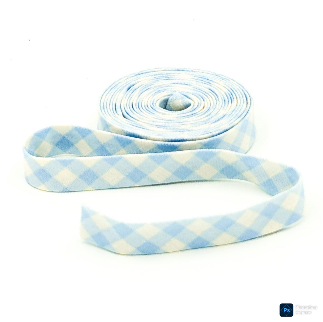 Double Fold Bias Tape Gingham Check Light Blue White 1/2'' Bias Binding