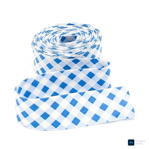 Quilt Binding Gingham Checked Blue Creamy White Single Fold 1 1/4