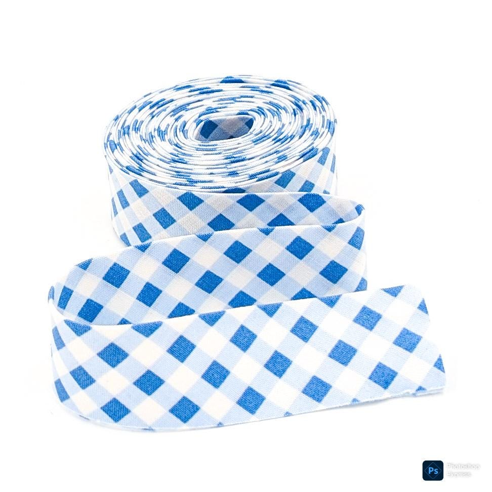 Quilt Binding Gingham Checked Blue Creamy White Single Fold 1 1/4