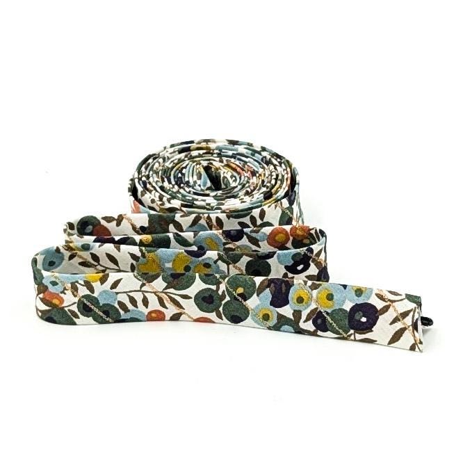 Double Fold Bias Tape 1/2'' Wide Liberty of London Tana Lawn Wiltshire Blossom Olive Green METALLIC GOLD