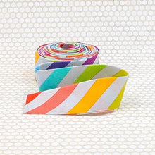 Load image into Gallery viewer, Tula Pink Bias Quilt Binding Disco Stripe Rainbow Whisper Gray 1 1/4" Single Fold
