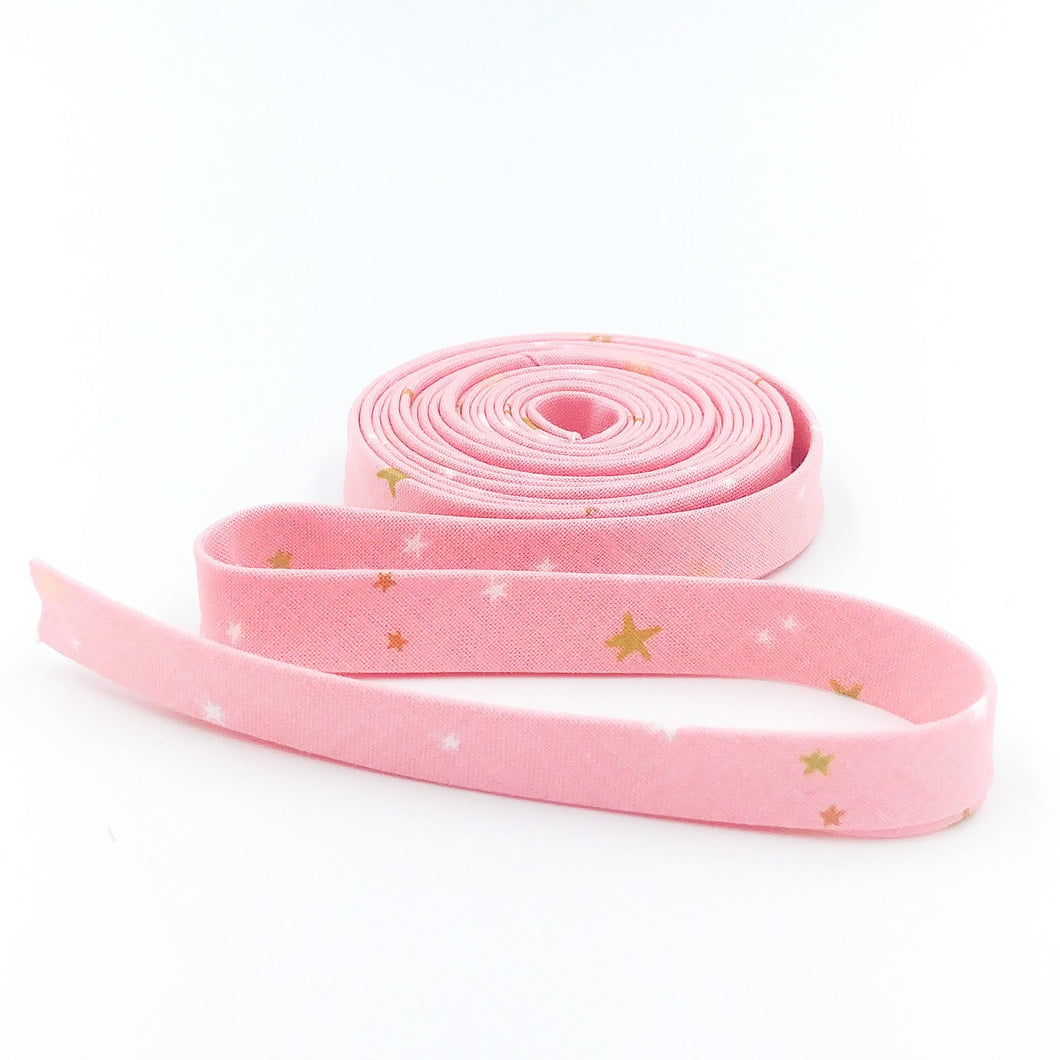 Double Fold Bias Tape 1/2'' Spin & Twirl Stars Frosting Pink Sparkle Gold